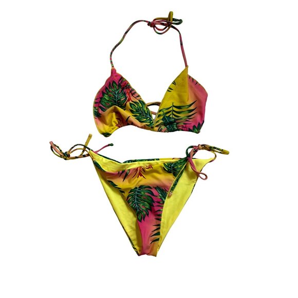 Sexy Yellow‎ Pink Tropical Print Bikini Swimwear Large Eighties Y2K Miami Beach - Picture 3 of 4